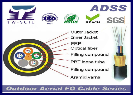 Autossuficiente cabo de fibra ótica aéreo de pouco peso, cabo aéreo da fibra do fio ADSS de Aramid
